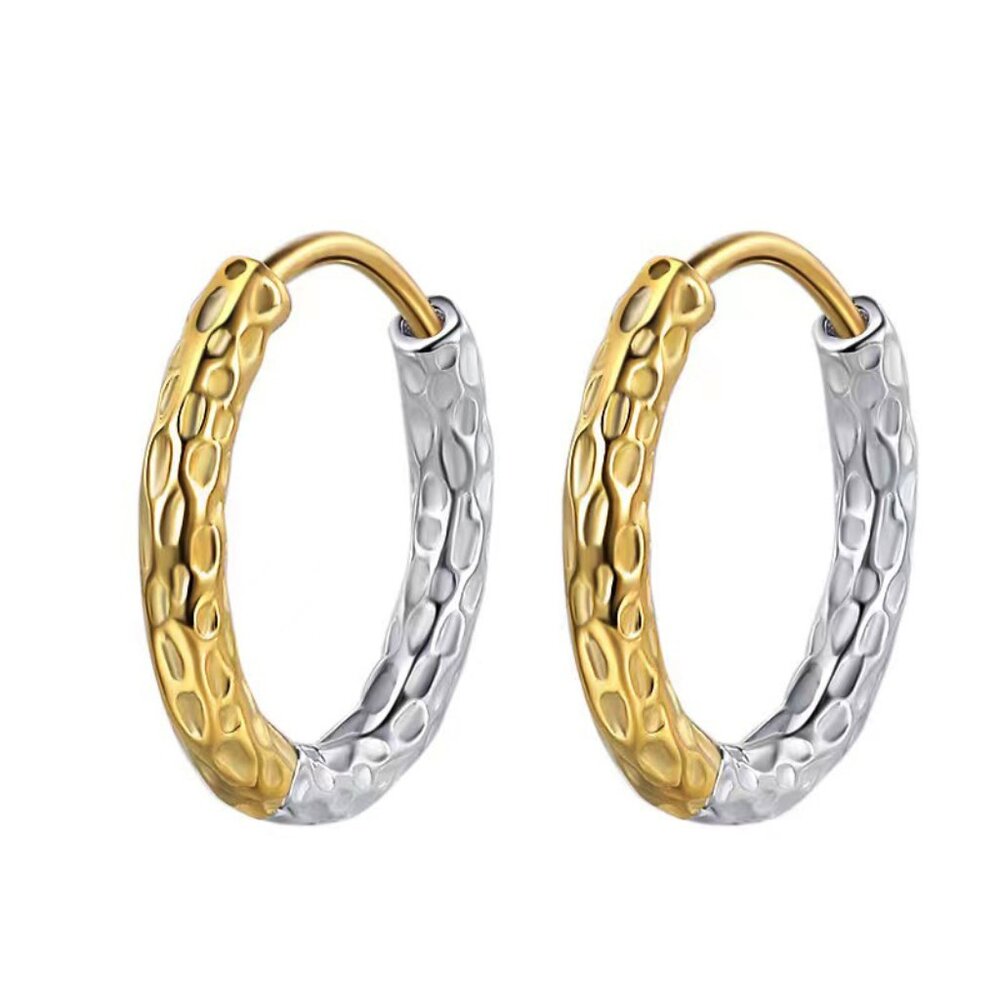 Dual Tone Hammered 18K‎ GP Hoop Earrings